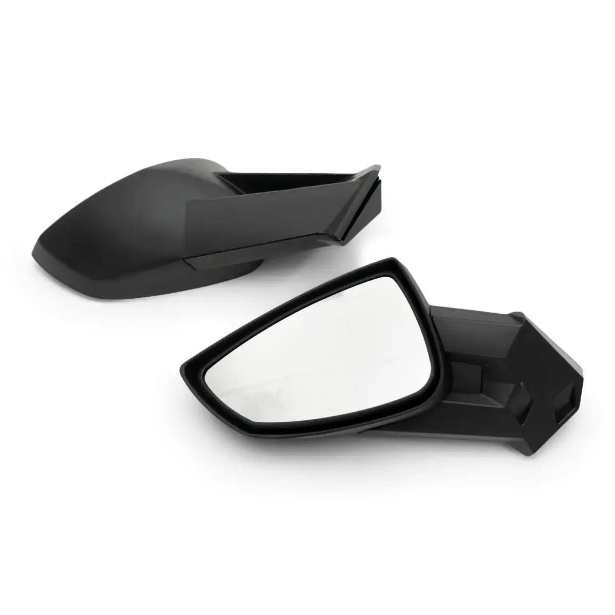 A pair of black Ski-Doo brand mirrors designed for attachment to a vehicle's windshield, showing the rear mounting interface and the reflective mirror glass.