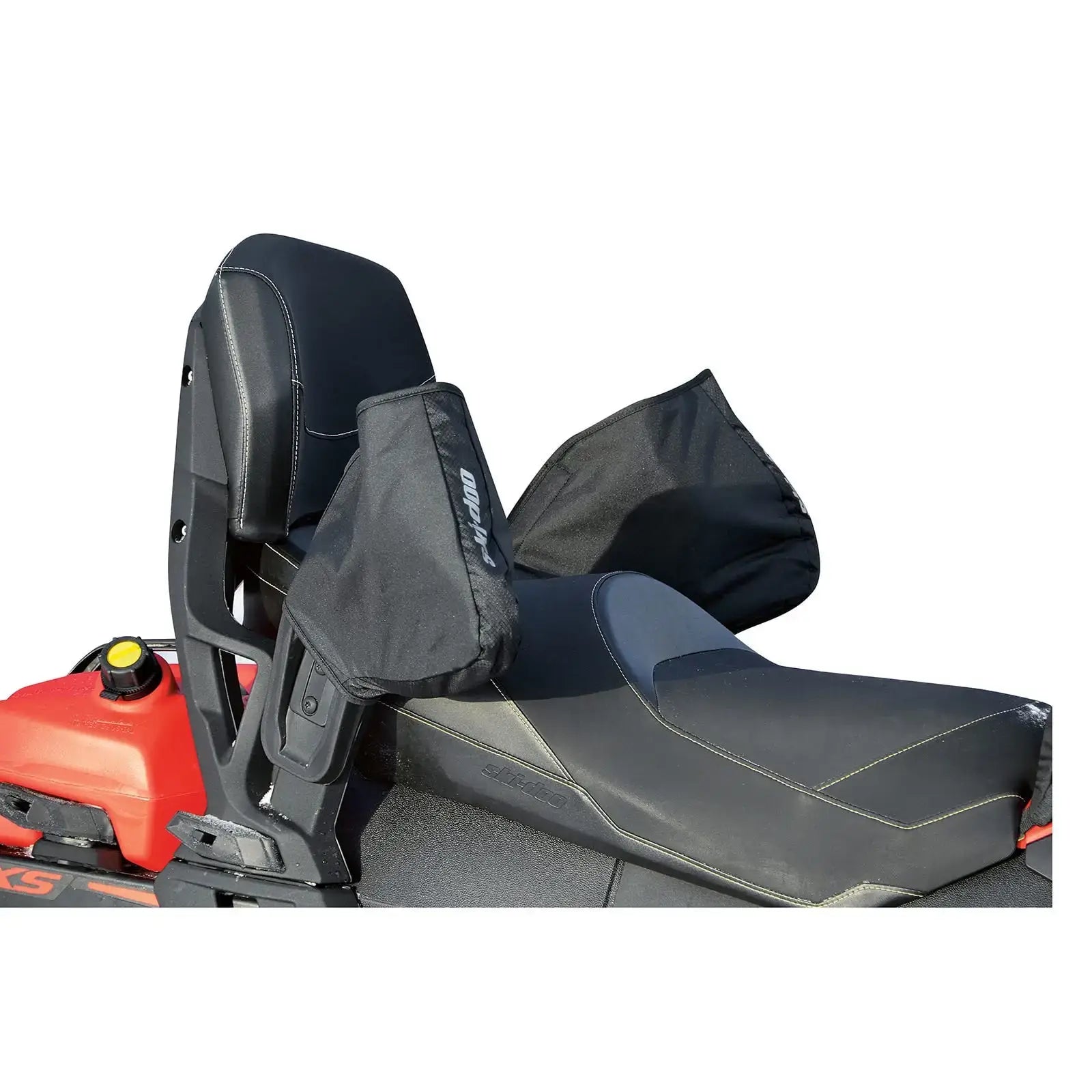 A black and gray passenger muff designed to wrap around snowmobile handles for warmth, shown installed on a snowmobile seat.