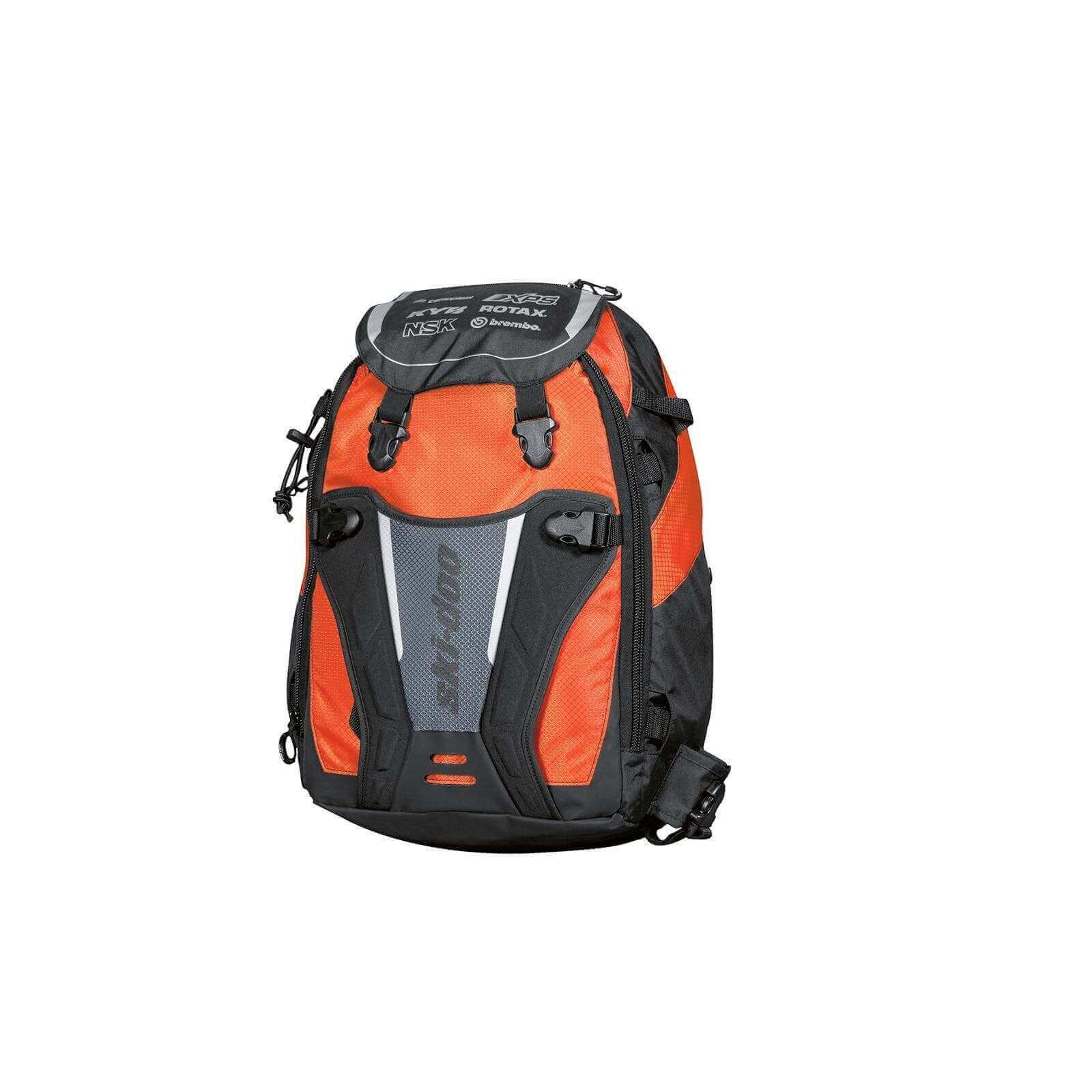 A black and gray Ski-Doo branded tunnel backpack with soft straps and multiple compartments.