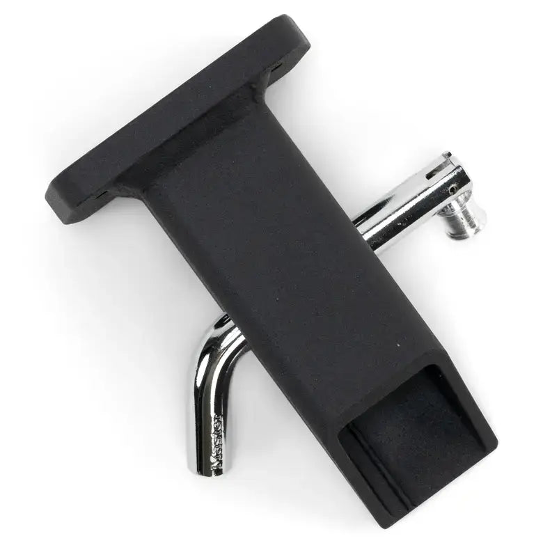 Black and chrome metal bracket on a white background