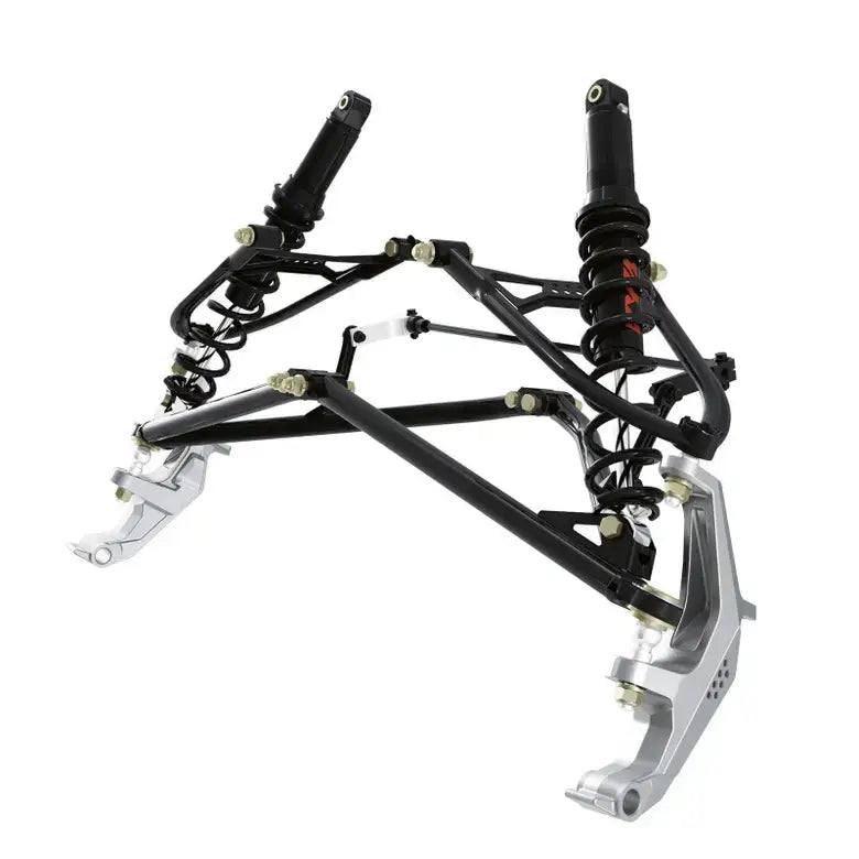 Motorcycle frame with suspension and brake components on a white background