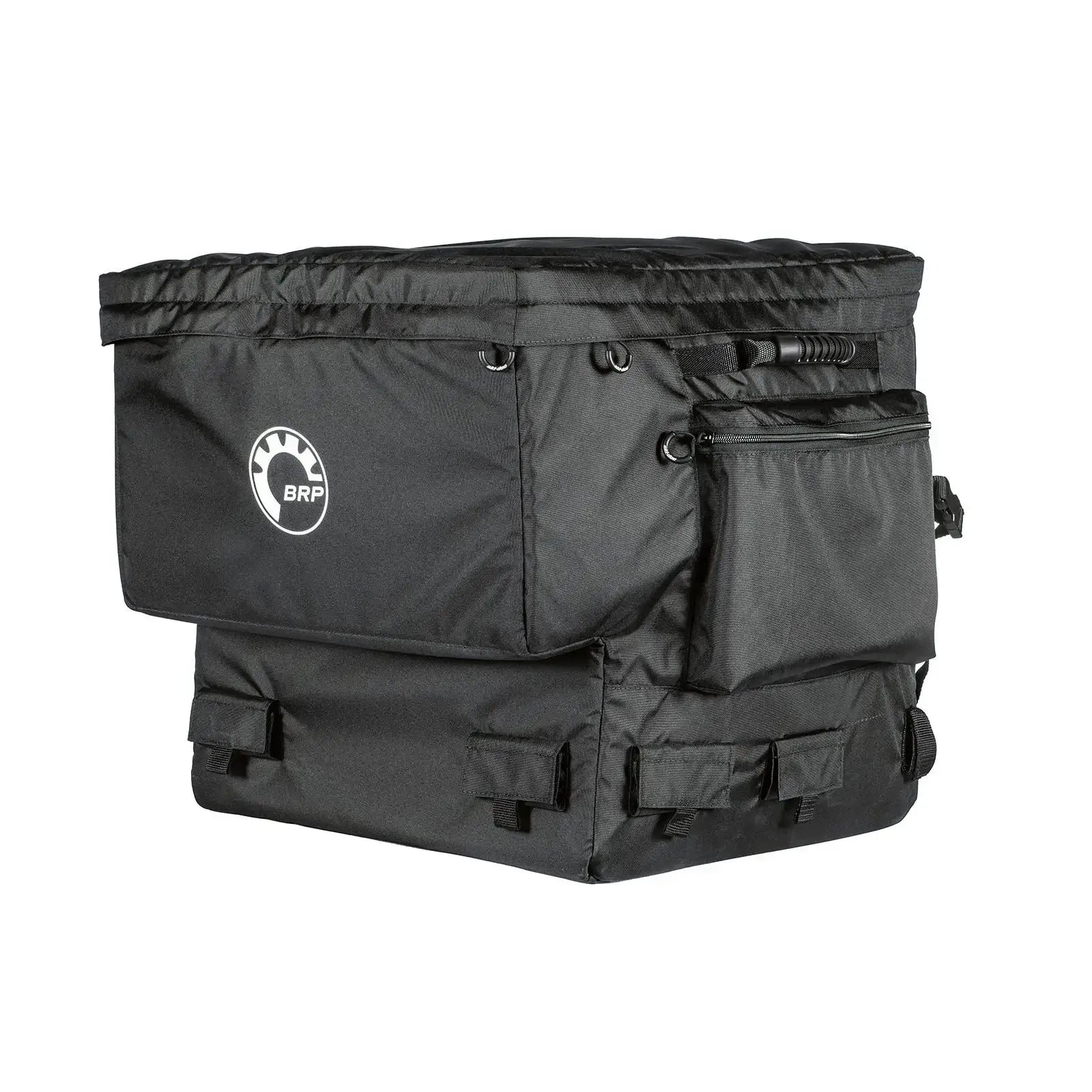 A large black outdoor gear bag with multiple compartments and a brand logo on the side.