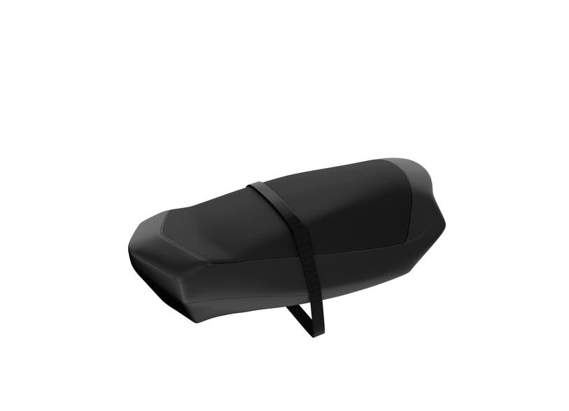 Ski-Doo Trail Short 2-up seat in black, angled view with strap, 860201314