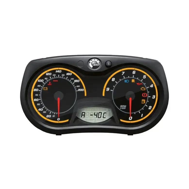 Car dashboard instrument cluster with speedometer and tachometer on a white background