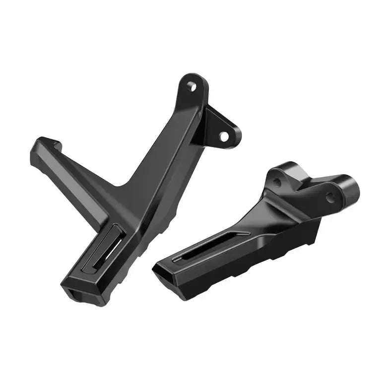 Two black metal brackets on a white background