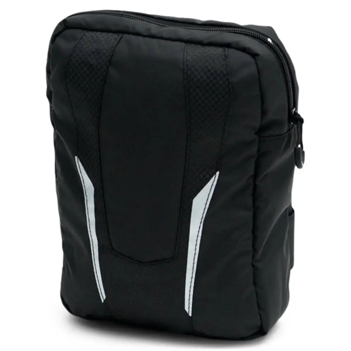 A black heated insulated pocket carry bag designed for secure storage around the steering riser block, featuring reflective silver accents.