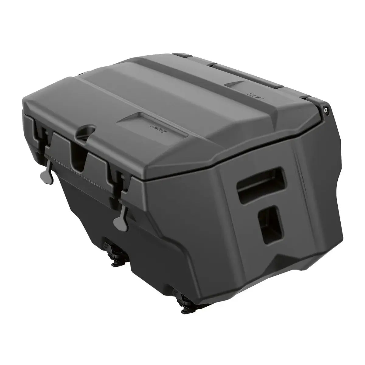 A gray rotomolded plastic cargo box designed for attachment to a snowmobile, with multiple latches and LinQ mount positions.