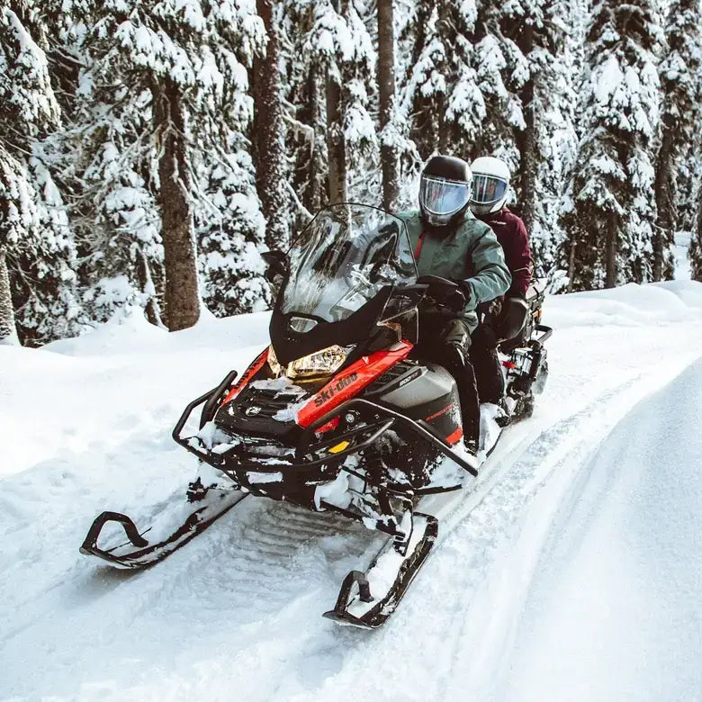 Two people on snowmobiles in a snowy forest