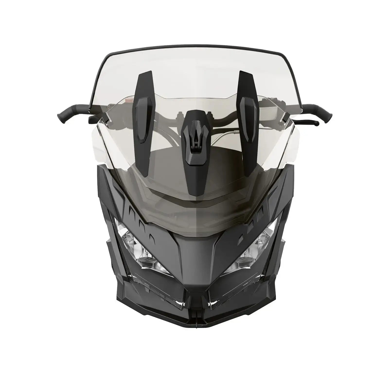 Adjustable windshield for a snowmobile, featuring a black frame with a clear central panel and black sides.