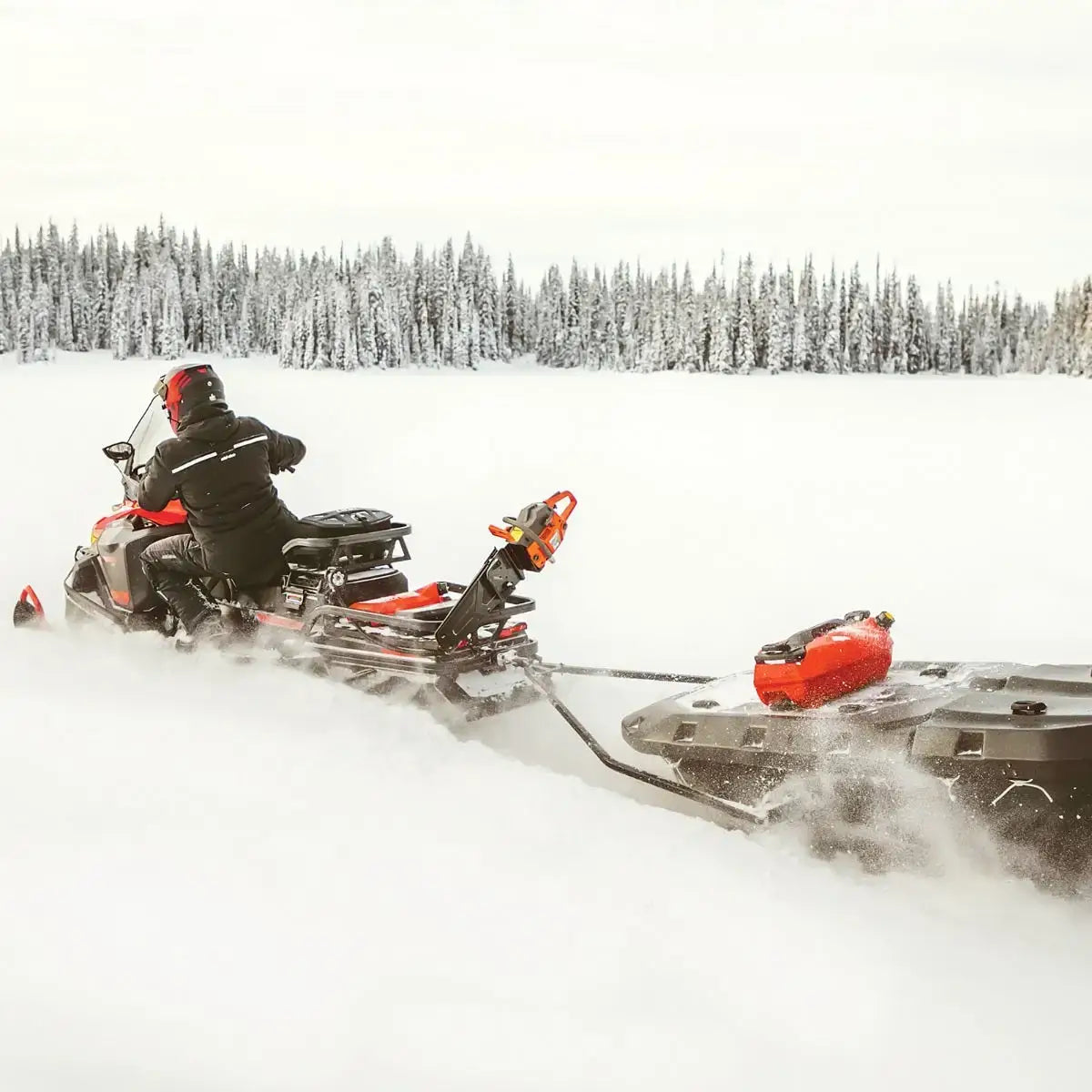 Person riding a snowmobile in a snowy landscape with trees in the background