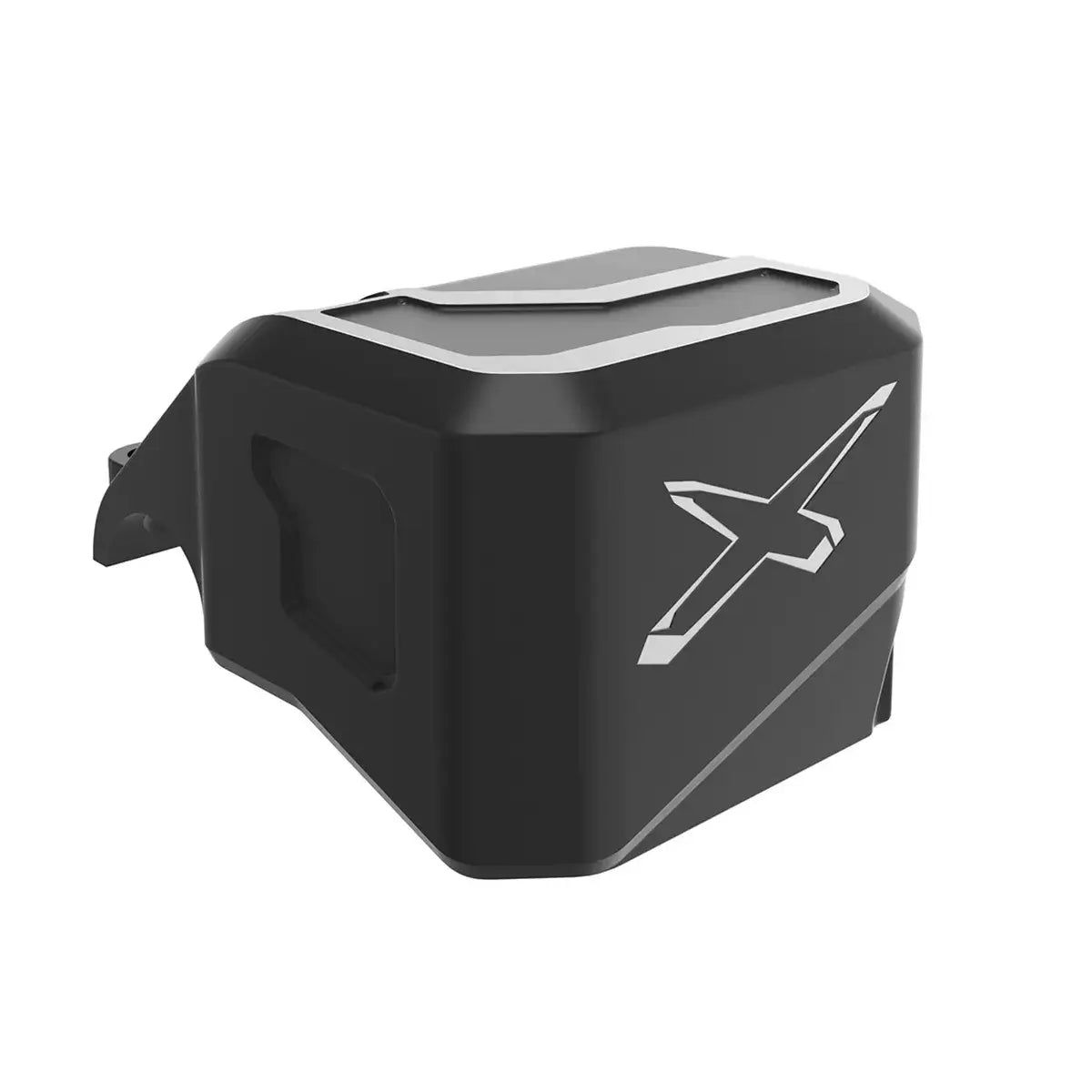 Black cast aluminum brake reservoir guard with a window for monitoring fluid level and a white logo on the side.