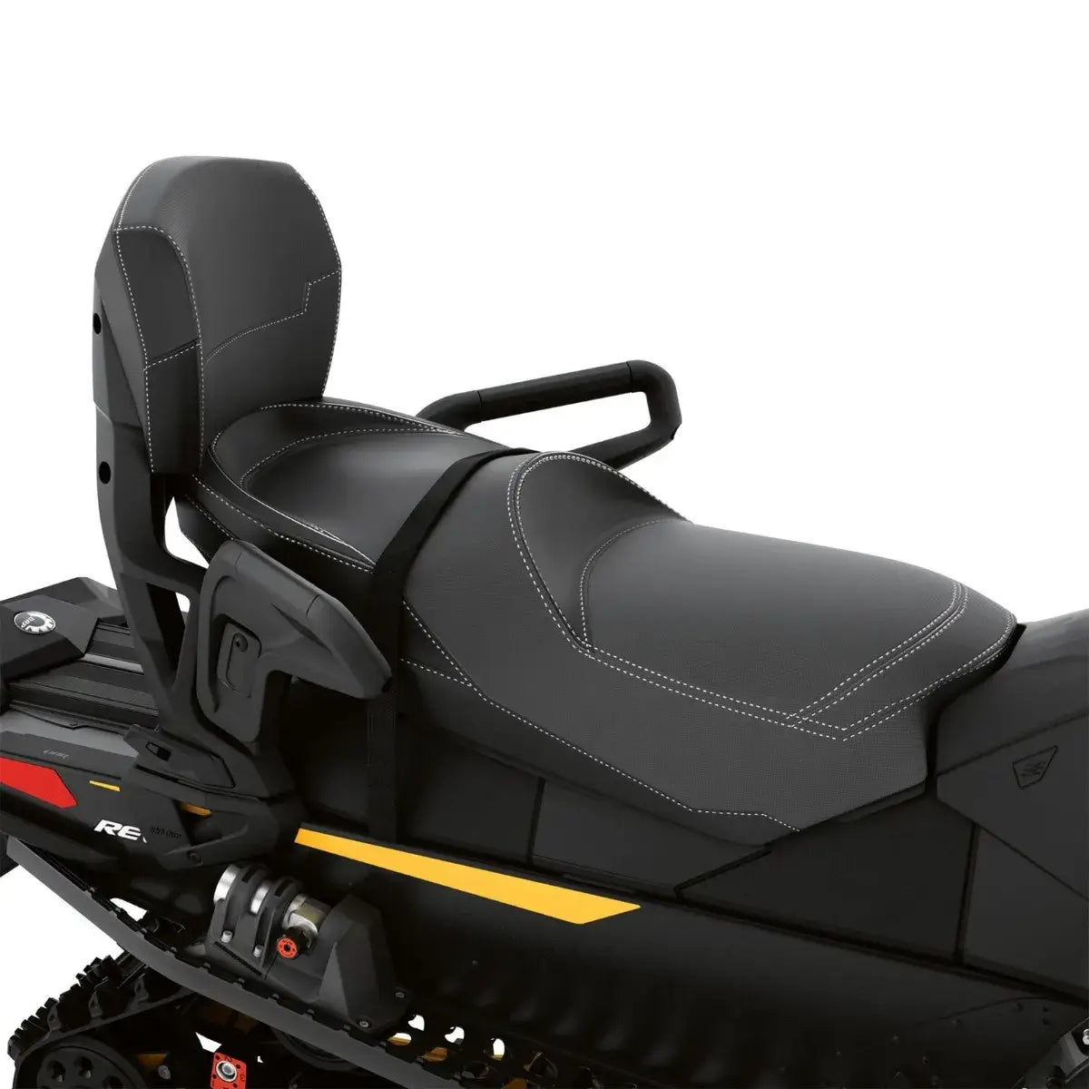 A black and gray Trail LinQ 1 + 1 Seat with Backrest on a snowmobile