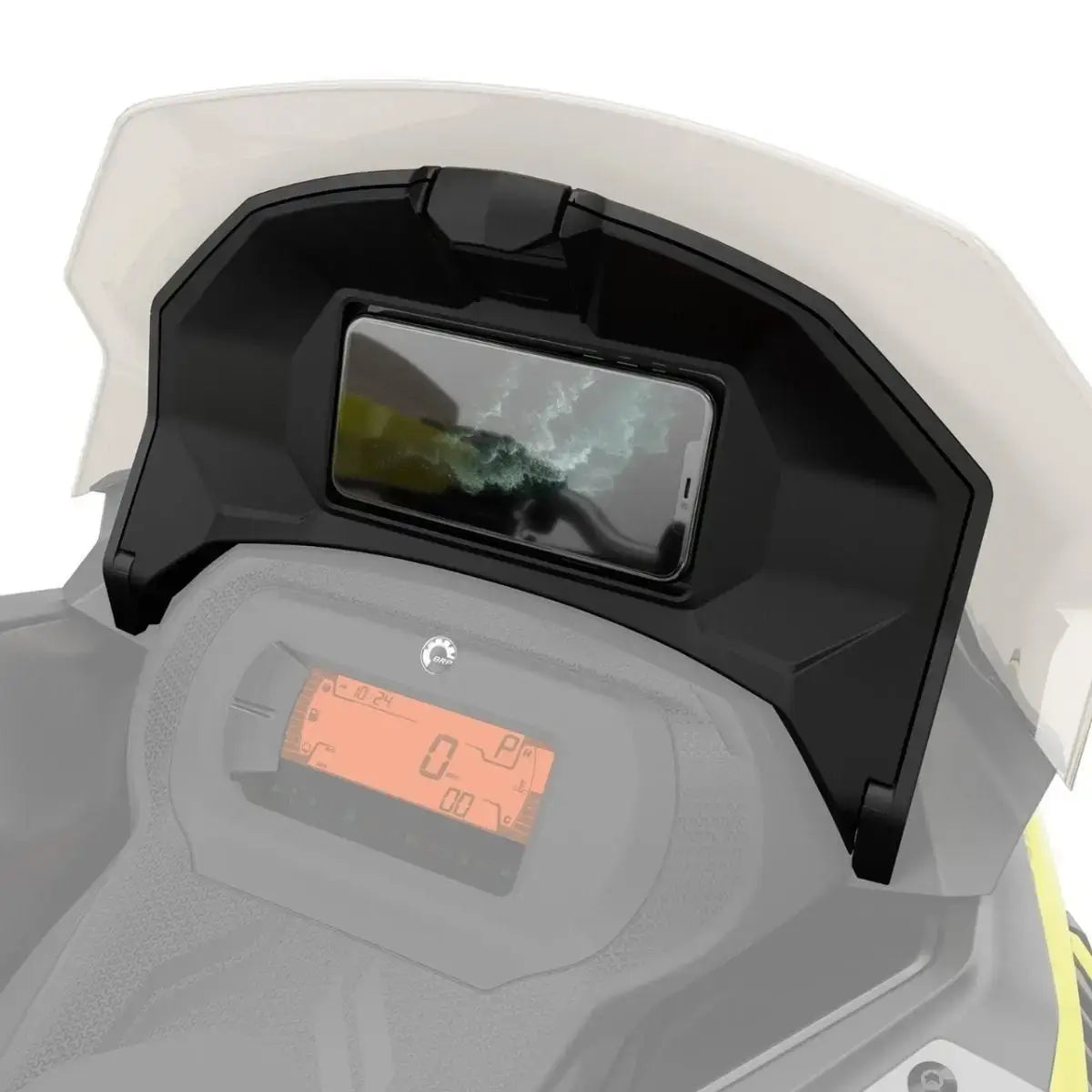 A glovebox extension mounted on a vehicle interior, holding a cell phone.
