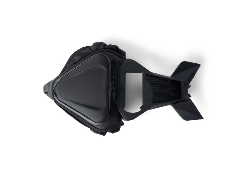 Ski-Doo 4.6-liter glovebox storage bag for one-piece lightweight hood, black top view