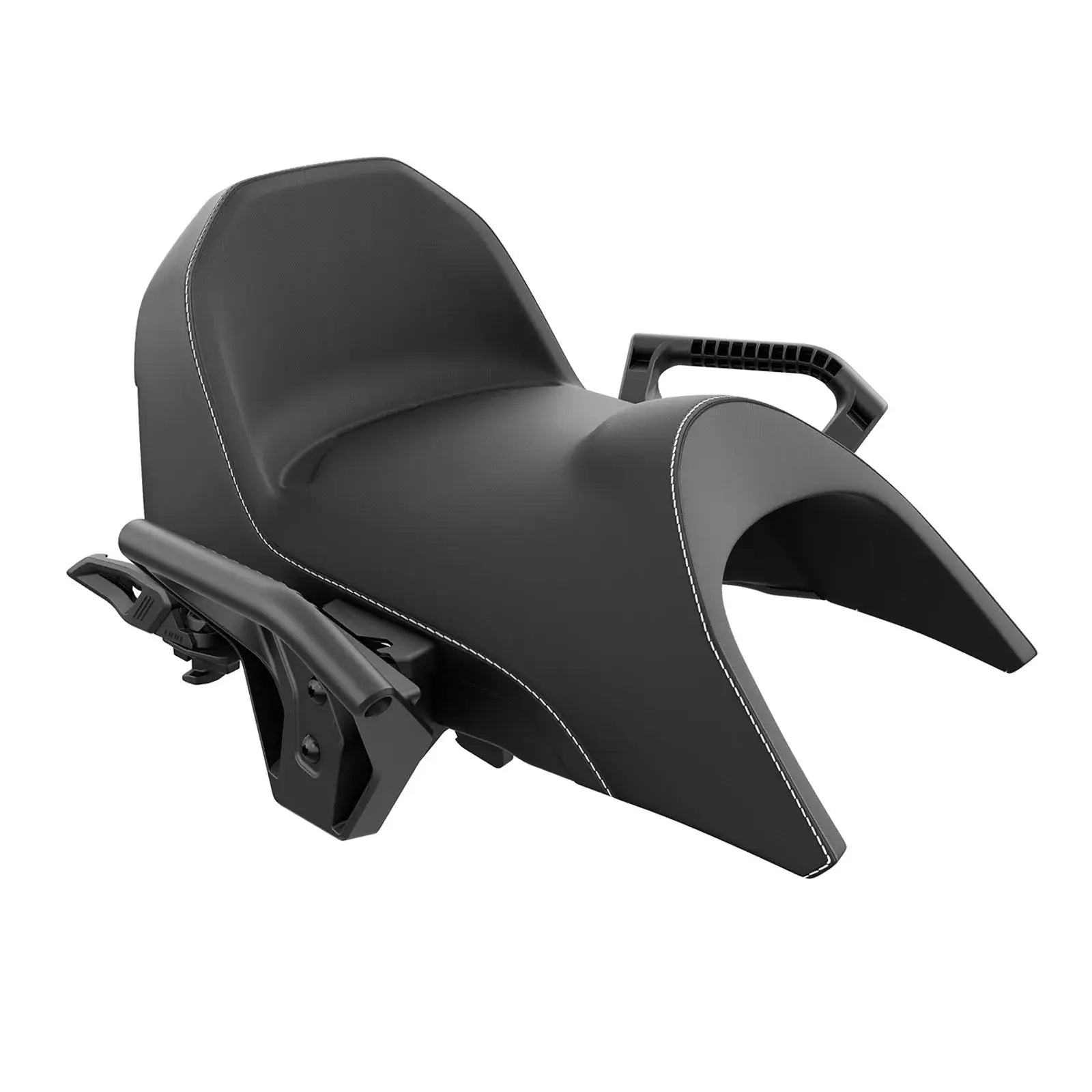 Black modular passenger seat for snowmobiles with a sleek design, featuring a high backrest and a supportive structure with clip-in attachment points.
