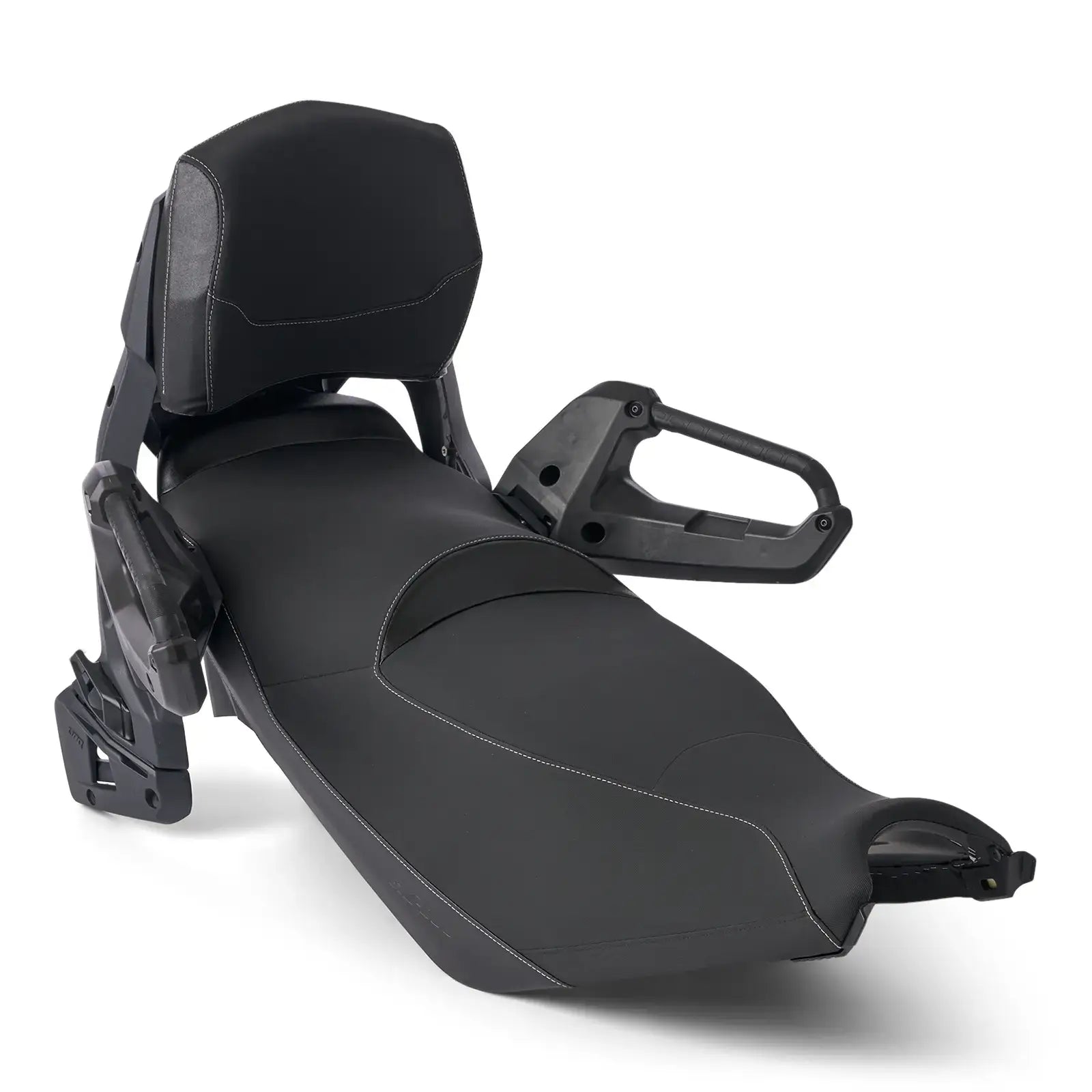 A black Ski-Doo snowmobile seat with backrest, designed for ergonomically correct positions and modular seating capability.