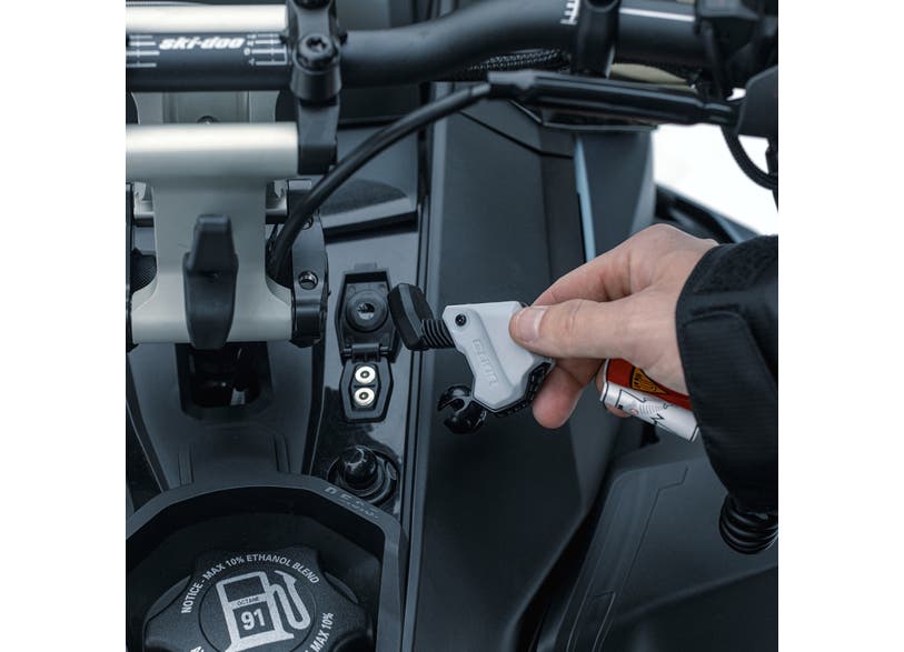 Ski-Doo E-LinQ accessory connector installed on REV Gen5 snowmobile dash, 860202354