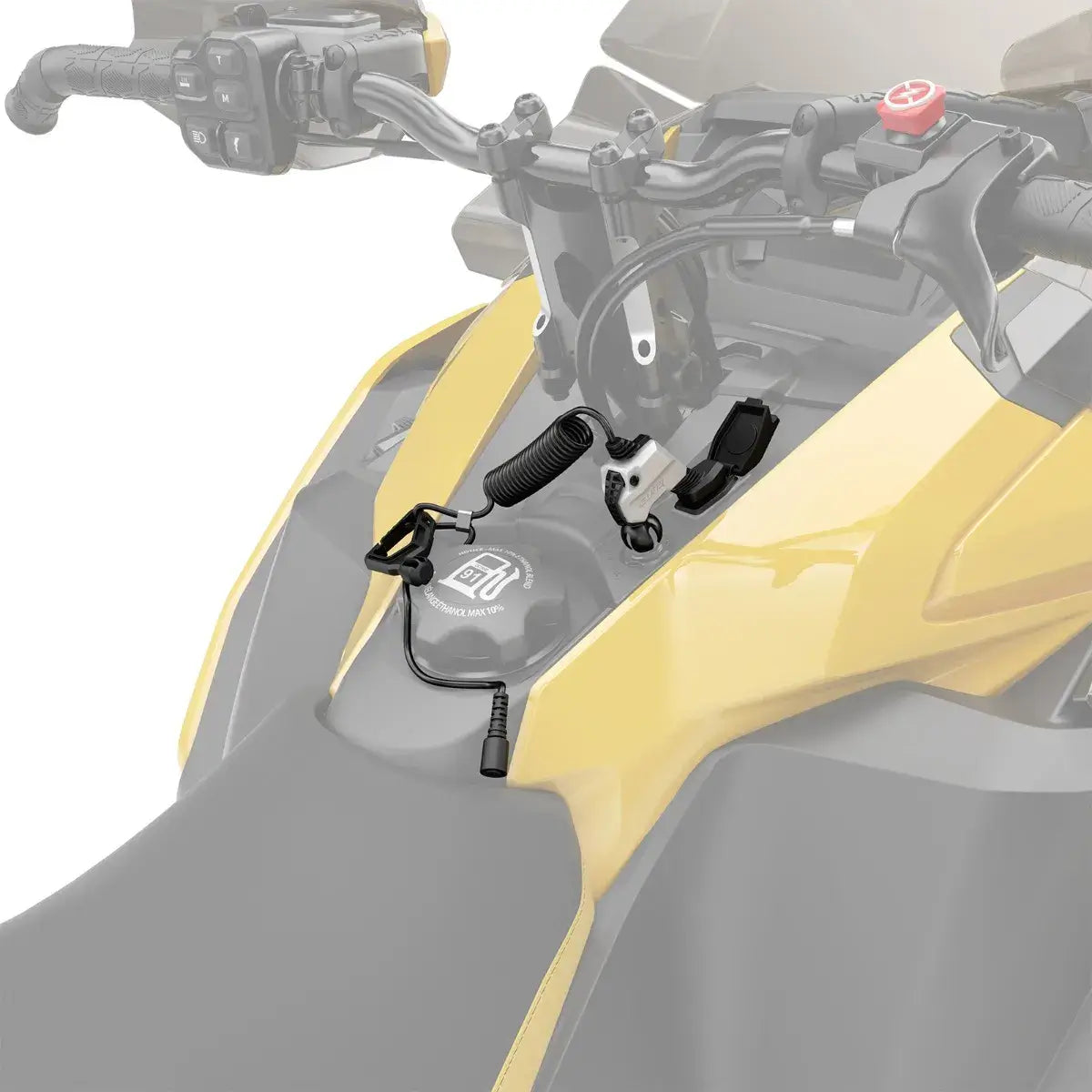Close-up of a motorcycle seat with a black clip attached on a white background