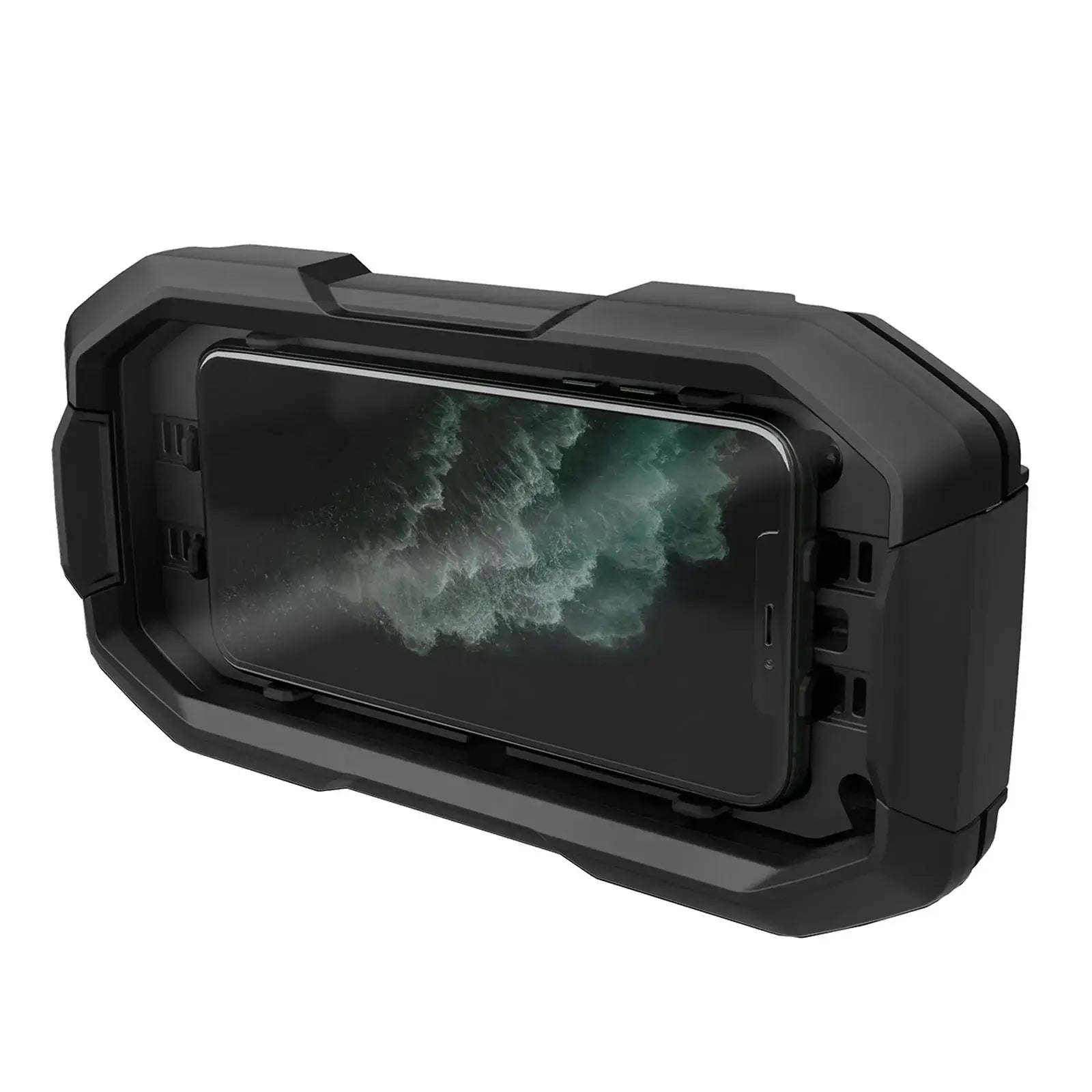 A black heated cellphone holder with a smartphone displayed, presumably within the holder.