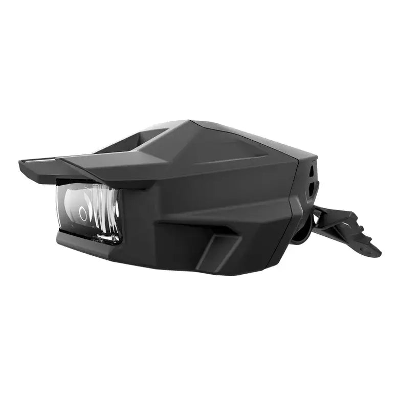 Black motorcycle headlight on a white background