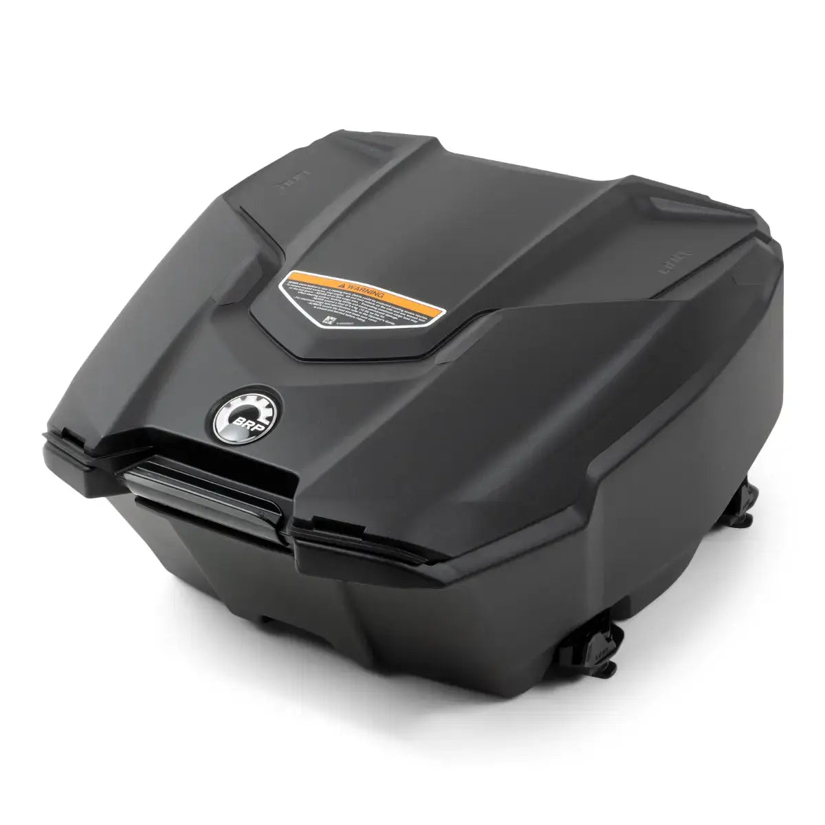 Black Ski-Doo LinQ Cargo Box with a capacity of 62 liters, featuring a prominent orange Ski-Doo logo on the lid.