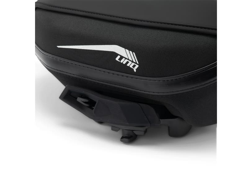 Close-up black LinQ 21L SR tunnel bag mounting bracket with Ski-Doo LinQ logo