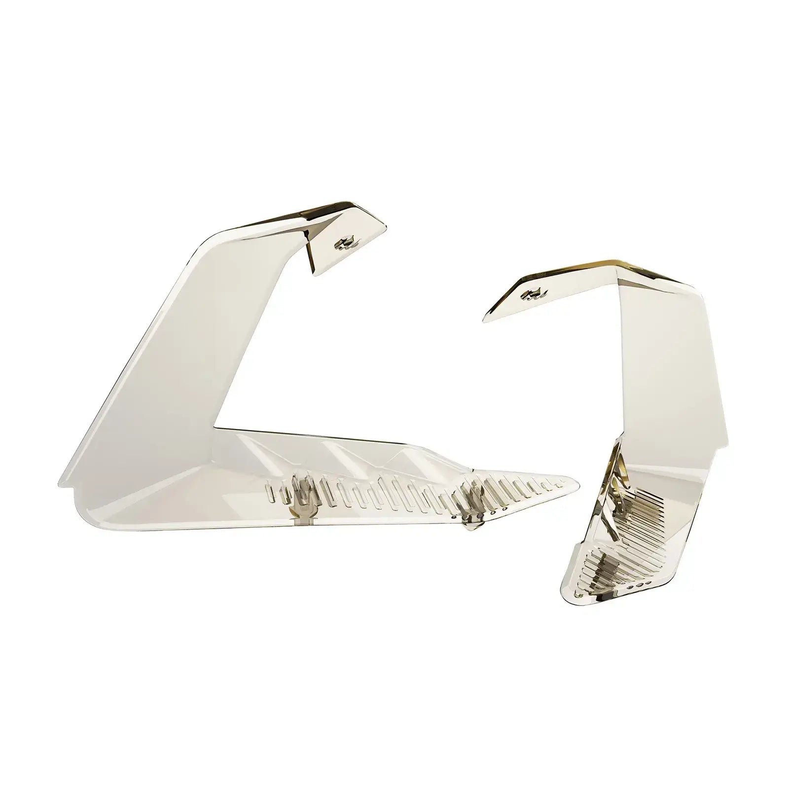A set of two silver windshield side deflectors for snowmobiles.