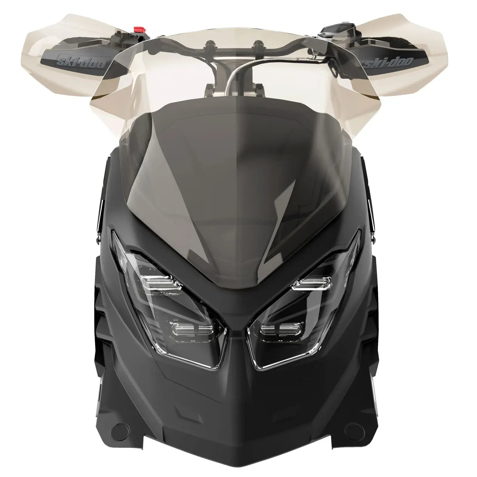 A black snow mobile with a low windshield and support, part of the Ski-Doo brand.