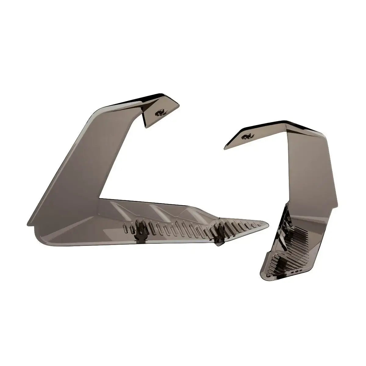 A pair of silver windshield side deflectors for a Ski-Doo snowmobile.