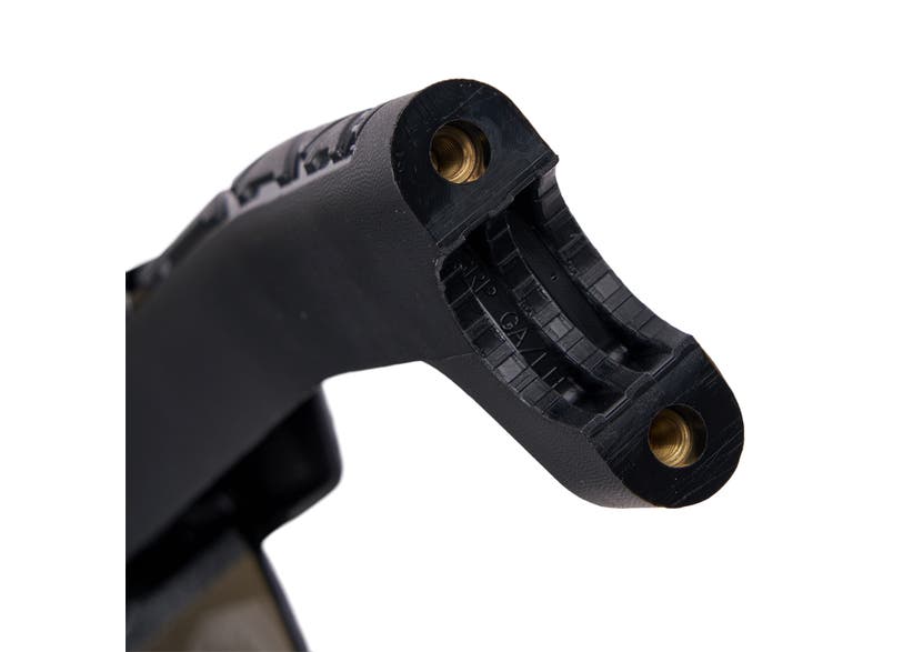 Ski-Doo Dark Smoke handguard mounting bracket close-up, black plastic with brass inserts