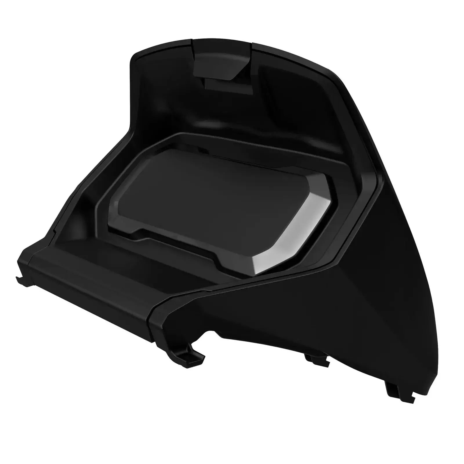 Black glovebox extension designed for a snowmobile, with a compartment for GPS or cellphone mounting.