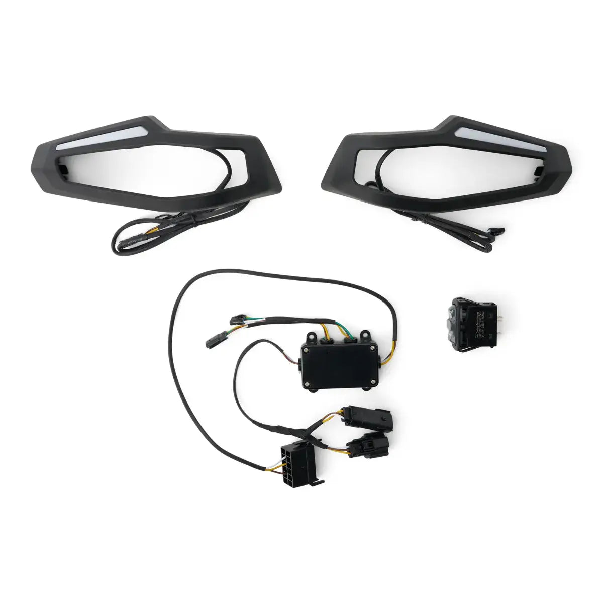 Pair of motorcycle mirrors with wiring harnesses on a white background