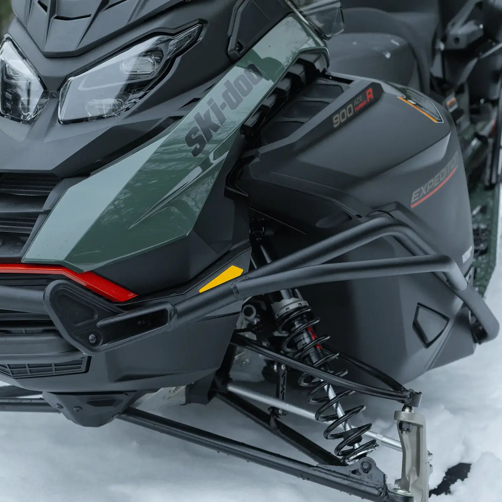 Close-up of a Ski-Doo snowmobile in the snow
