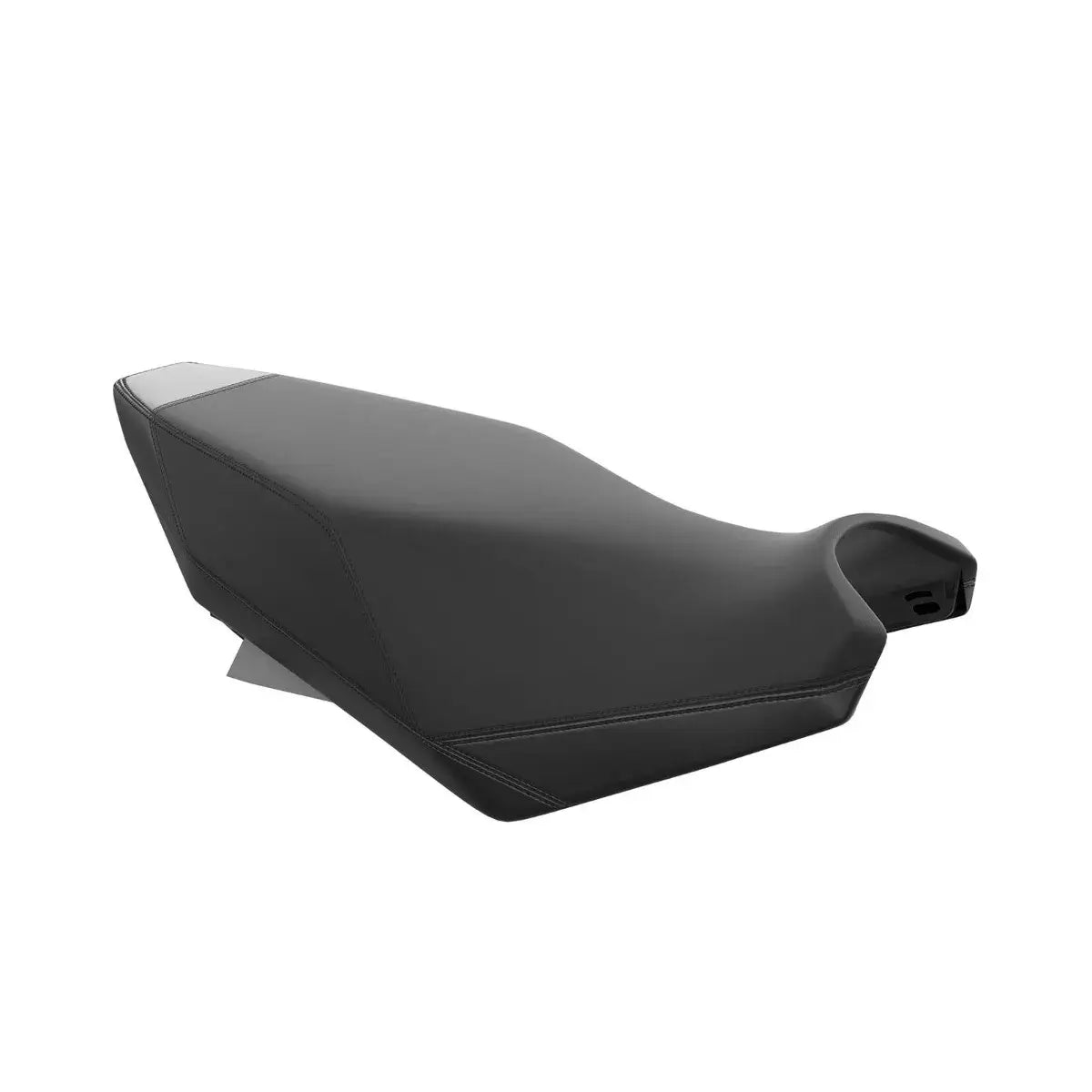 A black, compact, trail narrow seat designed for motor vehicles, with no visible branding.
