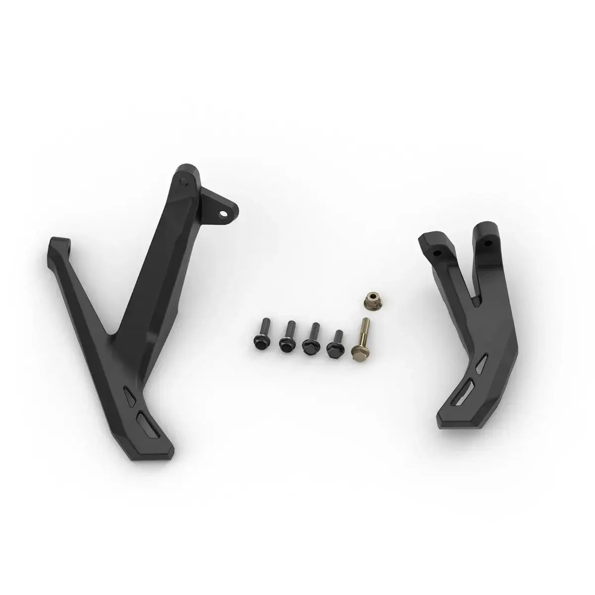 Two black metal brackets with screws on a white background