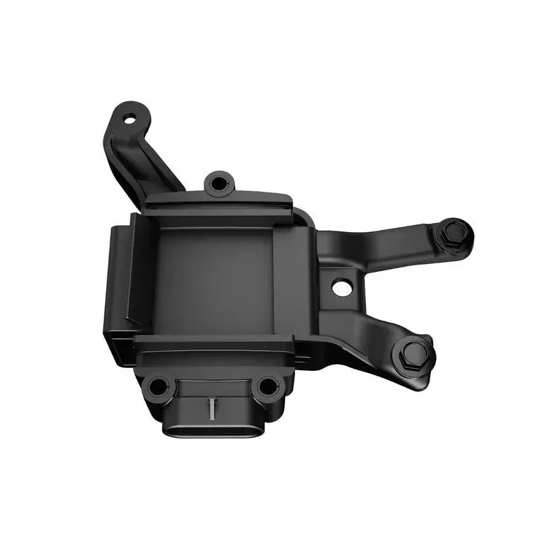 Black mechanical component on a white background