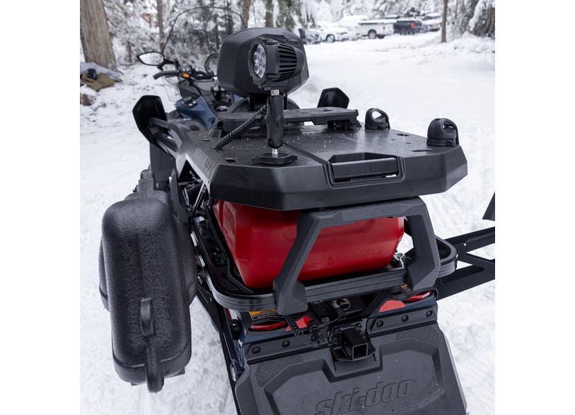 Ski-Doo Stackable LinQ Deck mounted on snowmobile rear rack with fuel can and auxiliary light, 860202746