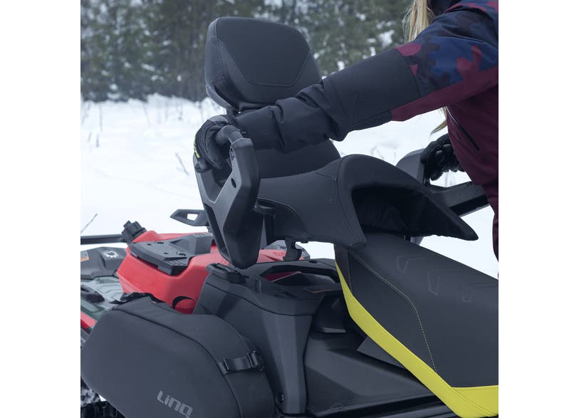 Ski-Doo LinQ 1+1 removable rack mounted on snowmobile tunnel with passenger backrest