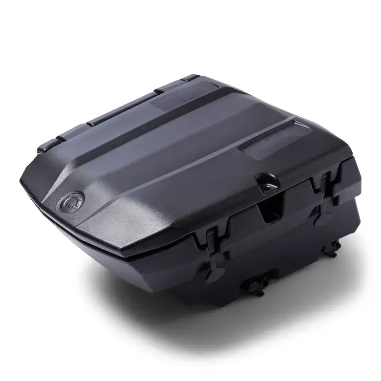 Black motorcycle luggage box on a white background