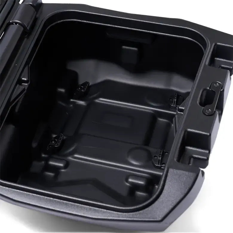 Close-up of a black plastic storage box on a white background