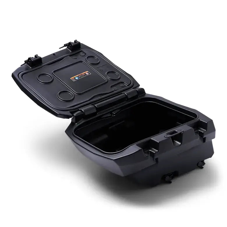 Black storage box with open lid on a white background