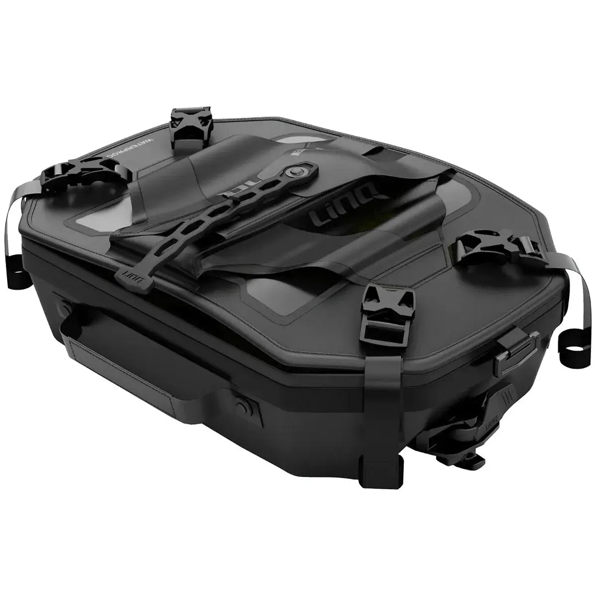 A black, hard-shell LinQ 6.8 US Gal (26 L) Deep Snow Lightweight Bag designed for secure gear storage on snowmobiles or similar vehicles.