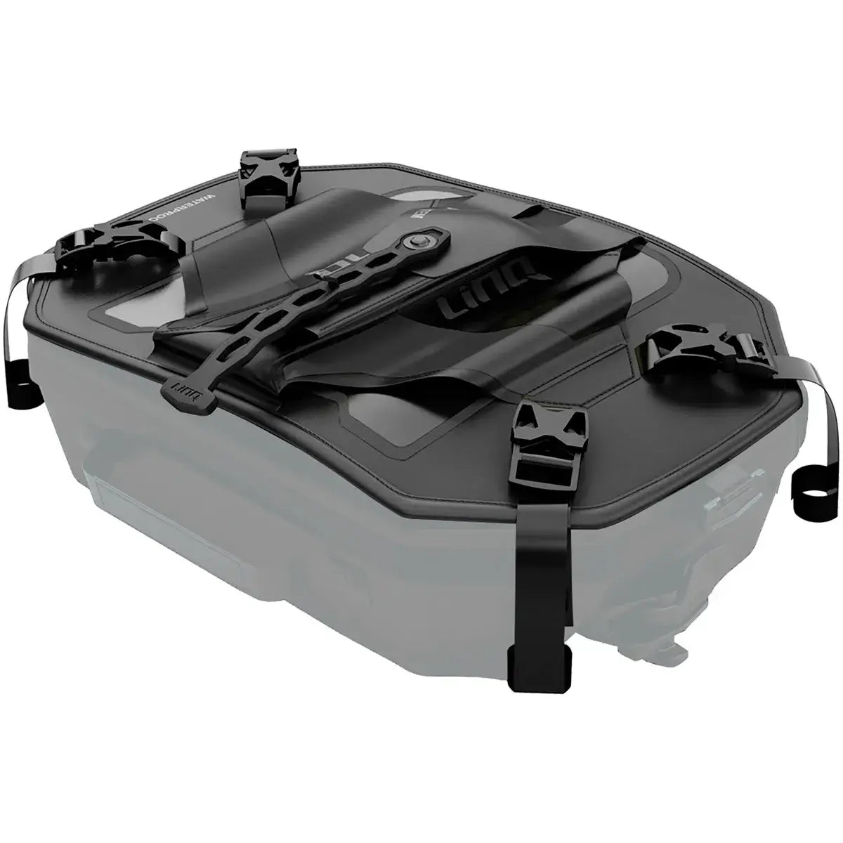 A black replacement cover lid for a Deep Snow Bag with straps and a mesh pocket, designed for attachment to a vehicle for snow removal purposes.