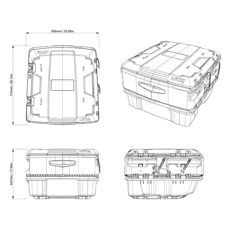 Technical drawing of a storage box with dimensions