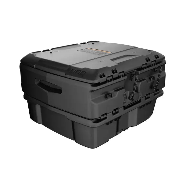 Black storage box with a lid on a white background