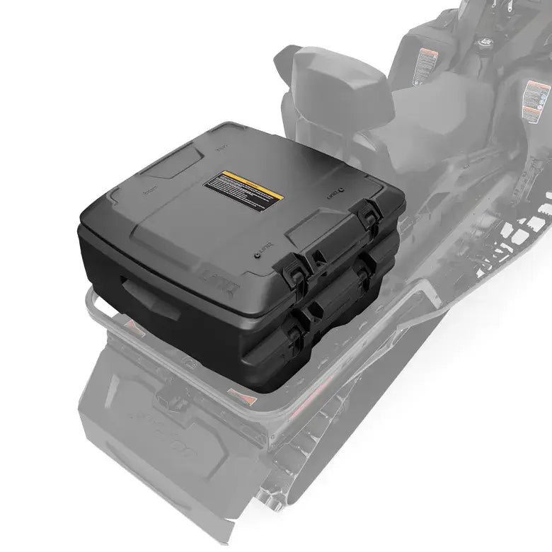 Black storage box attached to a vehicle on a white background