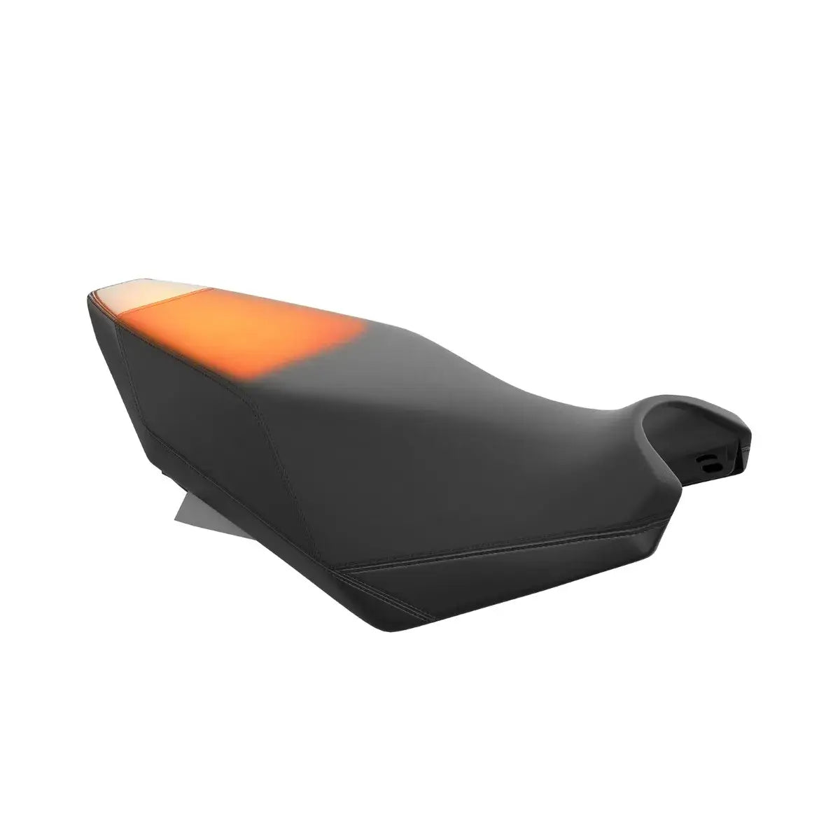 A black narrow heated snowmobile seat with a visible orange accent at the rear end.