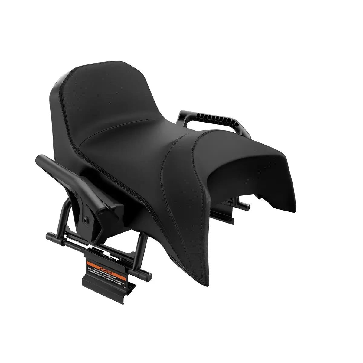 A black 2-up seat for a snowmobile with smaller handles and a standard passenger backrest.
