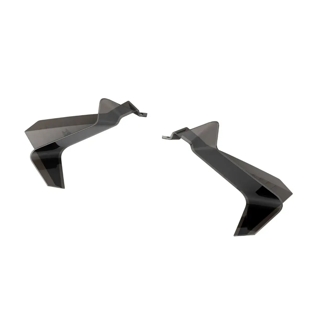A pair of black windshield side deflectors for snowmobiles.