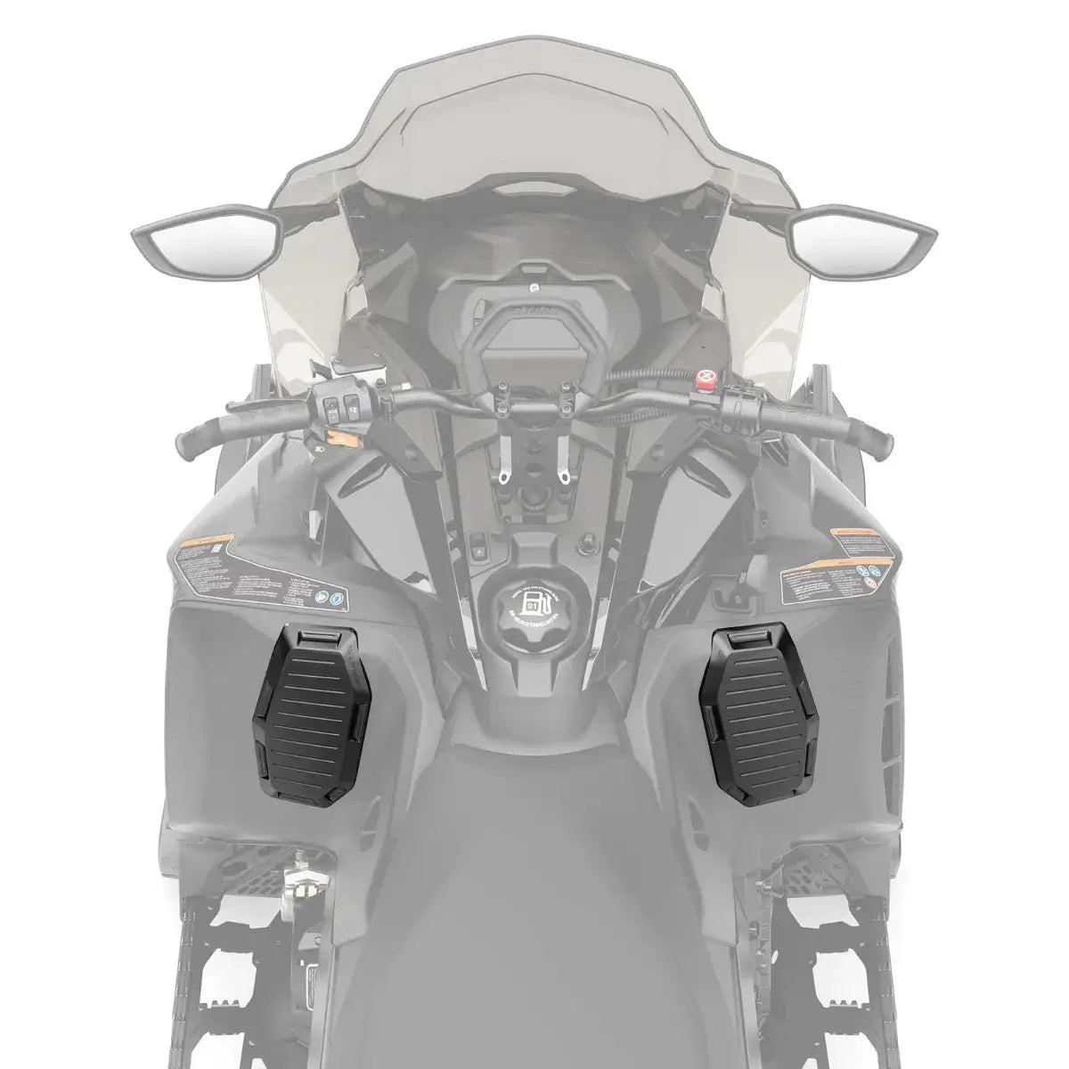 Motorcycle with windshield and handlebar protection pads on a white background